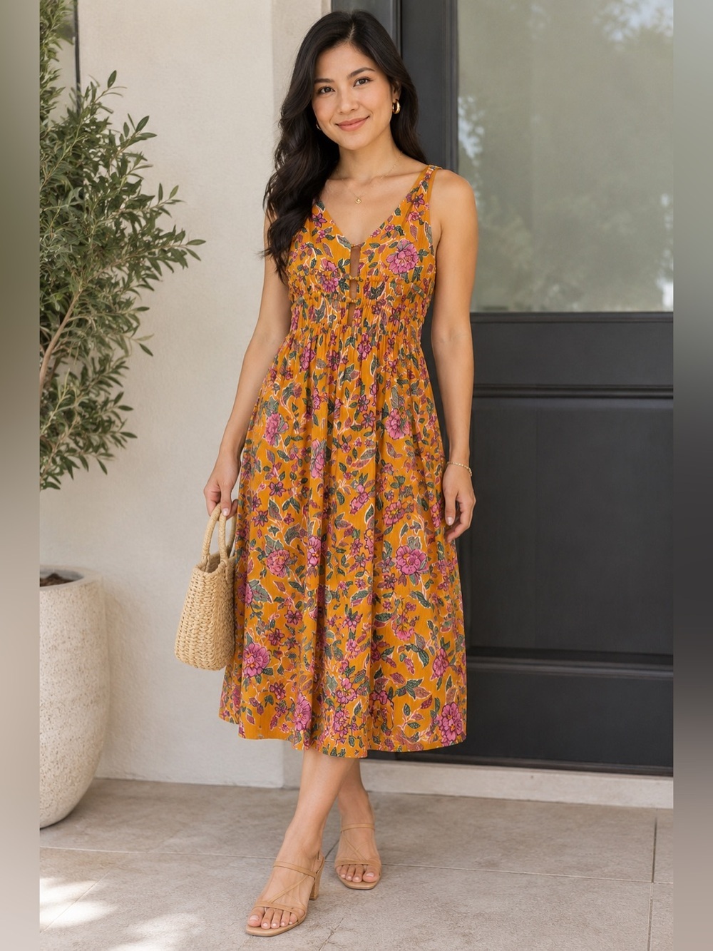 Caroline Constas Floral Print Smocked Midi Floral Sundress M